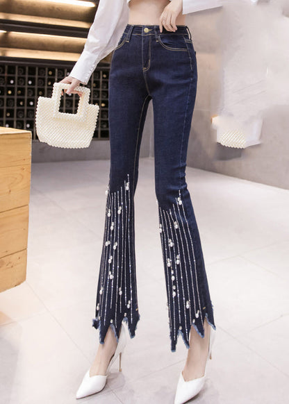 Women Blue High Waist Button Tassel Crop Jeans Spring LY0164