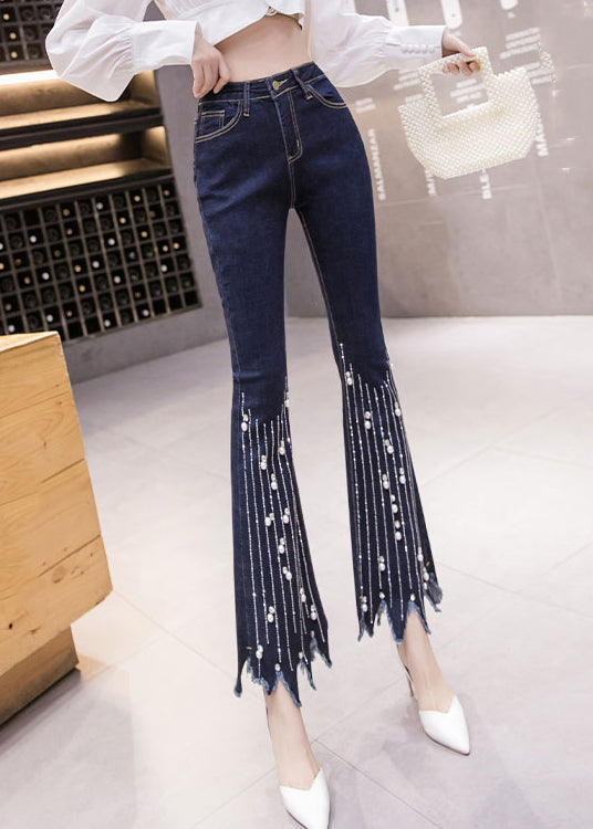 Women Blue High Waist Button Tassel Crop Jeans Spring LY0164