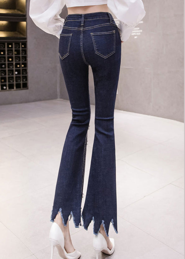 Women Blue High Waist Button Tassel Crop Jeans Spring LY0164