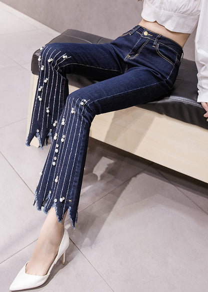 Women Blue High Waist Button Tassel Crop Jeans Spring LY0164