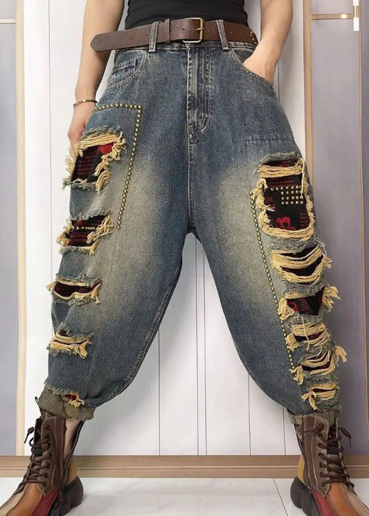 Women Blue Nail Bead Patchwork Sashes High Waist Ripped Jeans Summer TY1048