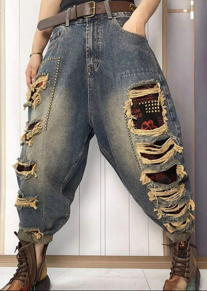 Women Blue Nail Bead Patchwork Sashes High Waist Ripped Jeans Summer TY1048