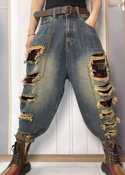 Women Blue Nail Bead Patchwork Sashes High Waist Ripped Jeans Summer TY1048