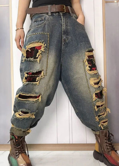 Women Blue Nail Bead Patchwork Sashes High Waist Ripped Jeans Summer TY1048