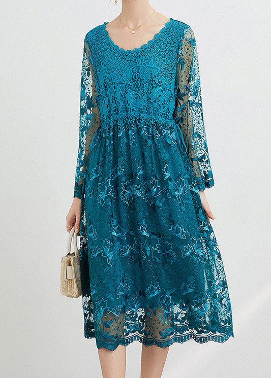 Women Blue O Neck Embroideried Patchwork Long Dresses Spring LY0004