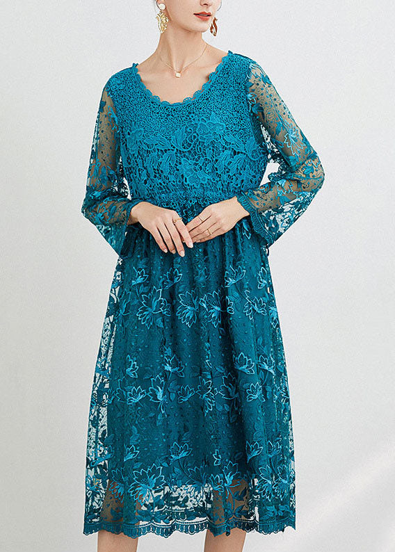 Women Blue O Neck Embroideried Patchwork Long Dresses Spring LY0004