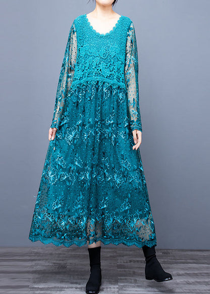 Women Blue O Neck Embroideried Patchwork Long Dresses Spring LY0004