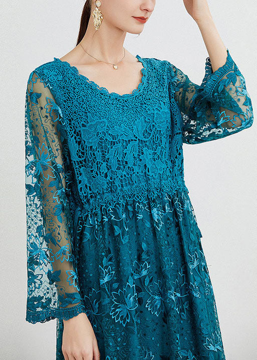 Women Blue O Neck Embroideried Patchwork Long Dresses Spring LY0004