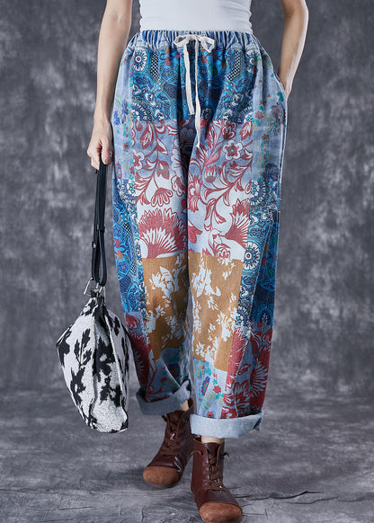 Women Blue Oversized Print Denim Harem Pants Fall TD1046