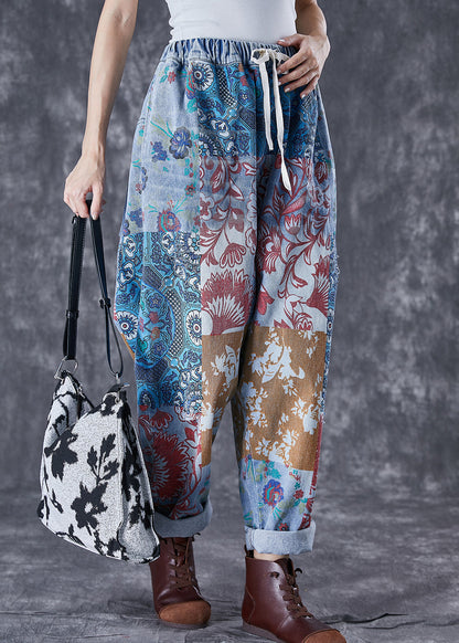 Women Blue Oversized Print Denim Harem Pants Fall TD1046