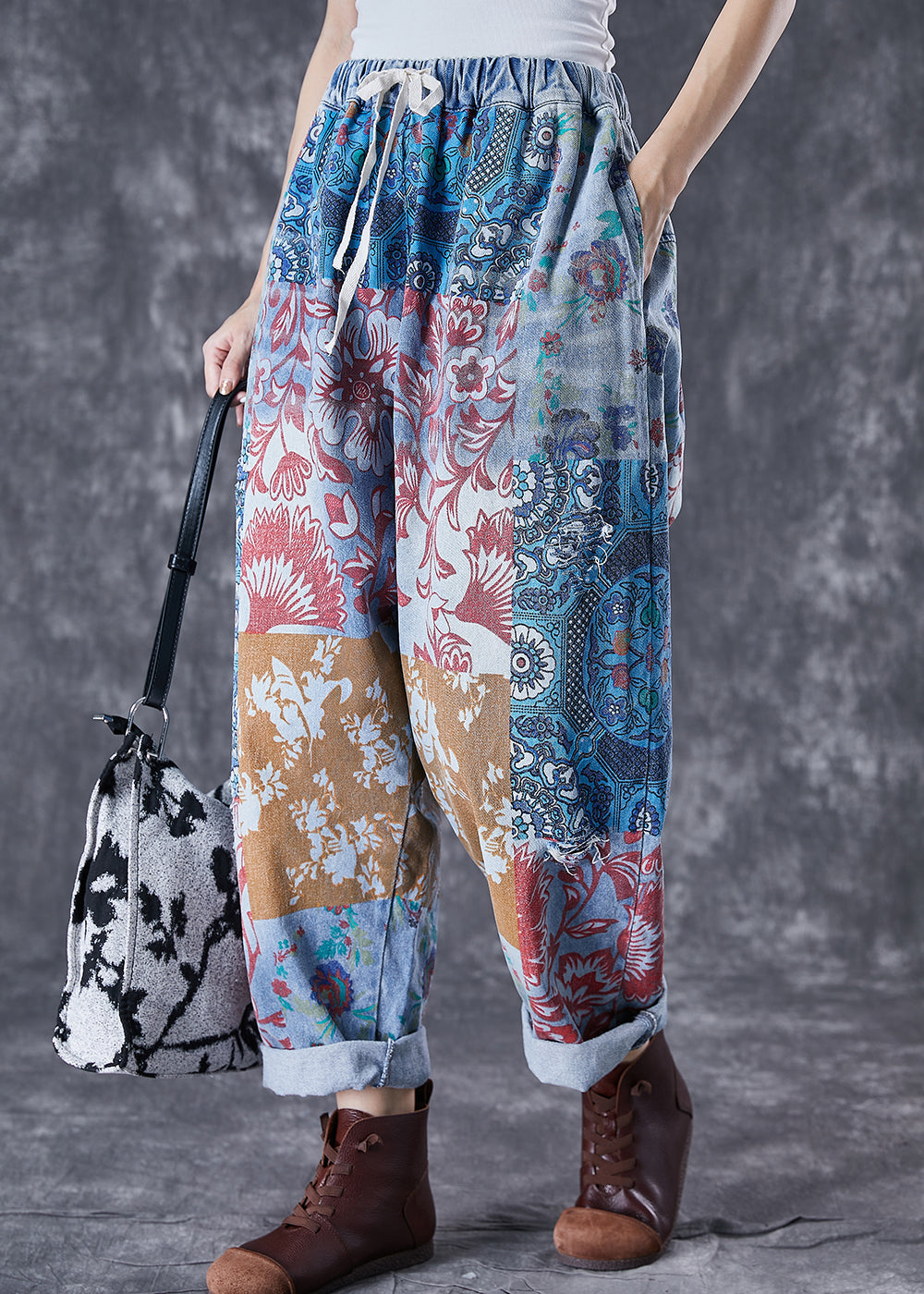 Women Blue Oversized Print Denim Harem Pants Fall TD1046