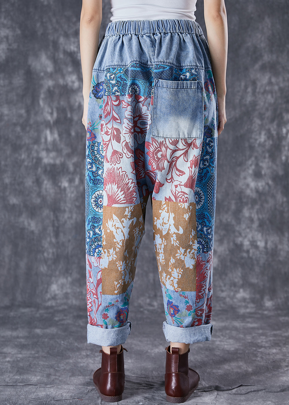 Women Blue Oversized Print Denim Harem Pants Fall TD1046