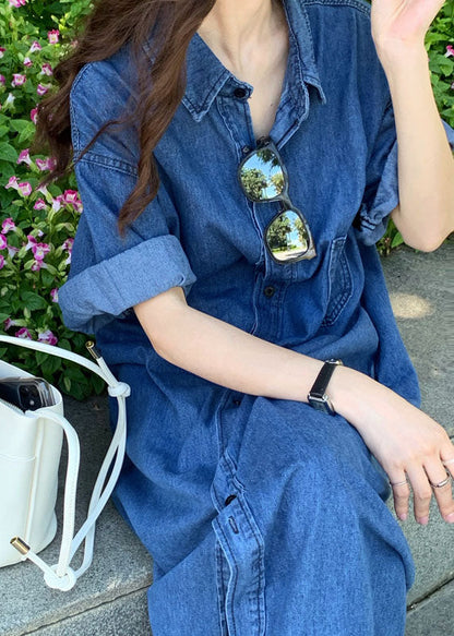 Women Blue Peter Pan Collar Patchwork Denim Shirts Dresses Summer LY1351