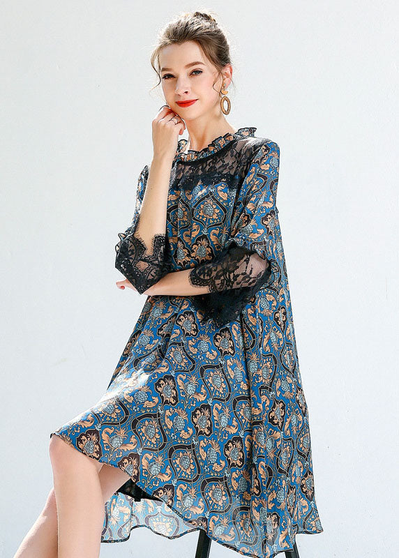 Women Blue Print Ruffled Lace Patchwork Hollow Out Chiffon Dresses Summer LY0247