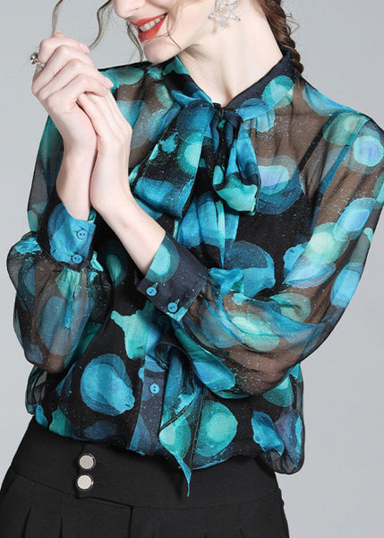 Women Blue Stand Collar Print Bow Silk Shirt Long Sleeve AC3036