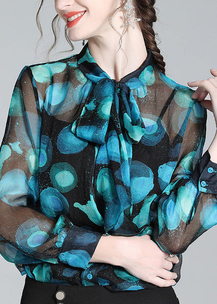 Women Blue Stand Collar Print Bow Silk Shirt Long Sleeve AC3036