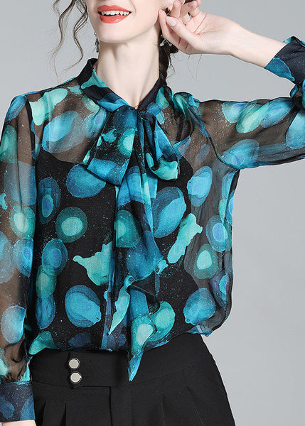 Women Blue Stand Collar Print Bow Silk Shirt Long Sleeve AC3036