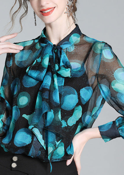 Women Blue Stand Collar Print Bow Silk Shirt Long Sleeve AC3036