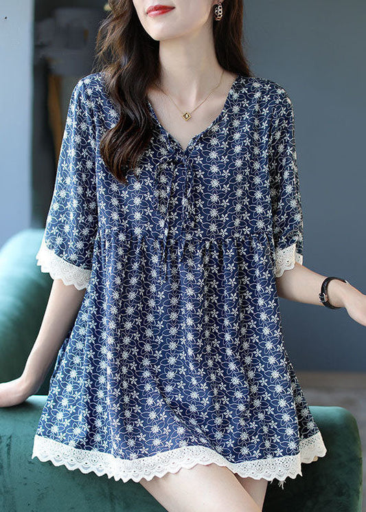 Women Blue V Neck Lace Patchwork Print Chiffon Top Half Sleeve FR2019