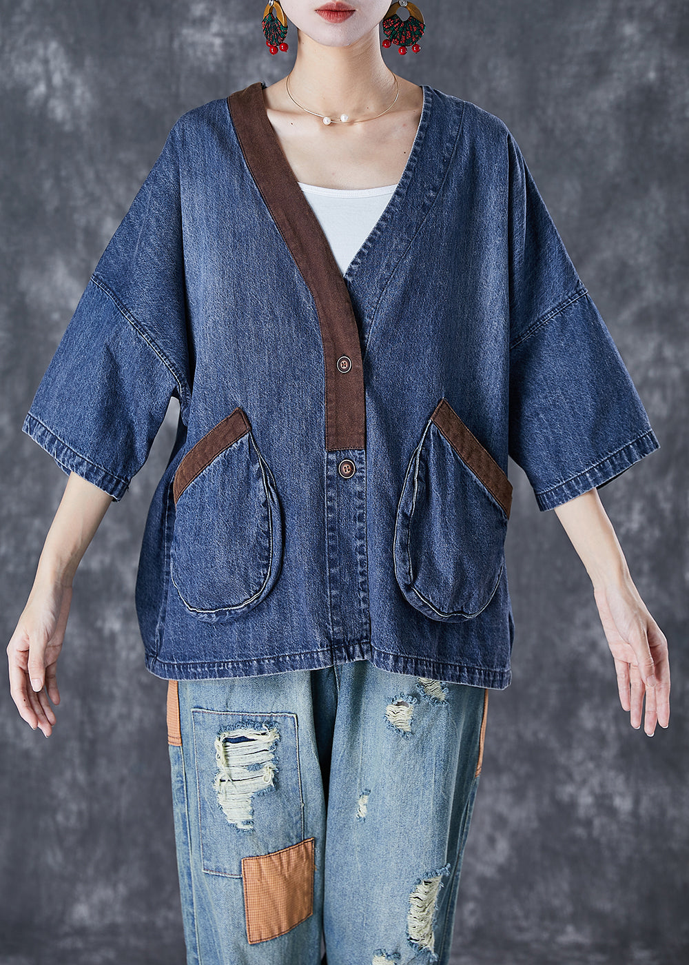 Women Blue V Neck Patchwork Pockets Denim Coats Summer TD1045