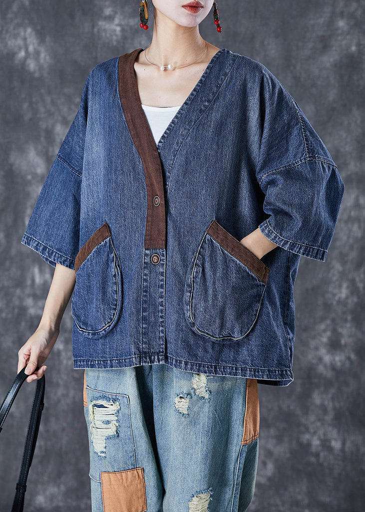 Women Blue V Neck Patchwork Pockets Denim Coats Summer TD1045