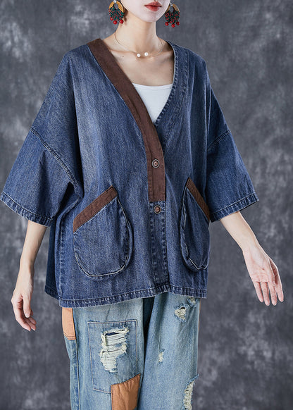 Women Blue V Neck Patchwork Pockets Denim Coats Summer TD1045