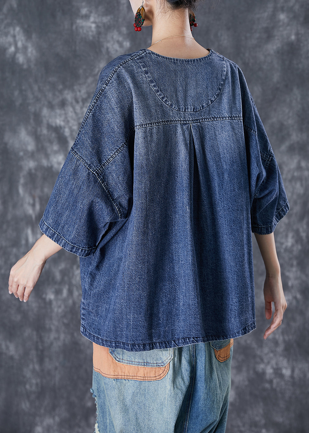 Women Blue V Neck Patchwork Pockets Denim Coats Summer TD1045