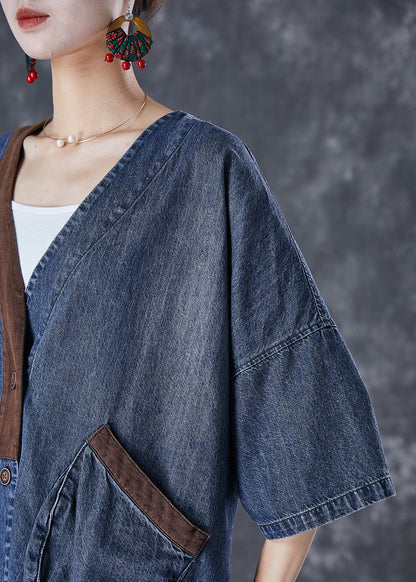 Women Blue V Neck Patchwork Pockets Denim Coats Summer TD1045