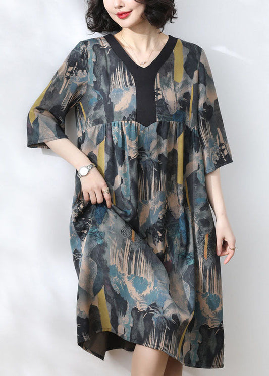 Women Blue V Neck Print Wrinkled Patchwork Silk Dress Summer TP1036