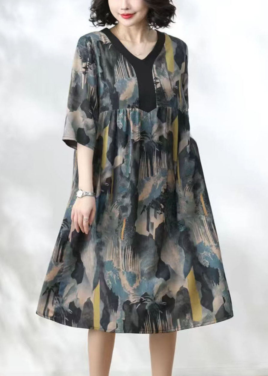 Women Blue V Neck Print Wrinkled Patchwork Silk Dress Summer TP1036