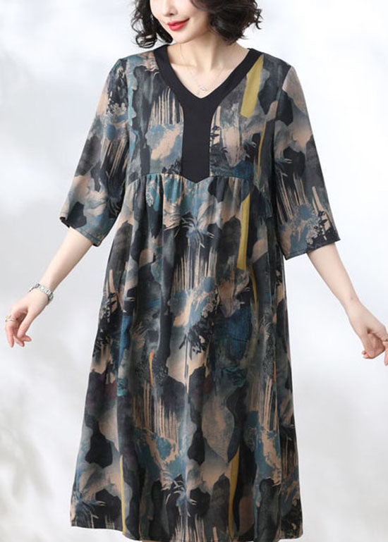 Women Blue V Neck Print Wrinkled Patchwork Silk Dress Summer TP1036