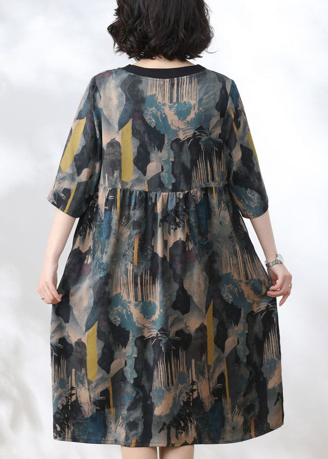 Women Blue V Neck Print Wrinkled Patchwork Silk Dress Summer TP1036