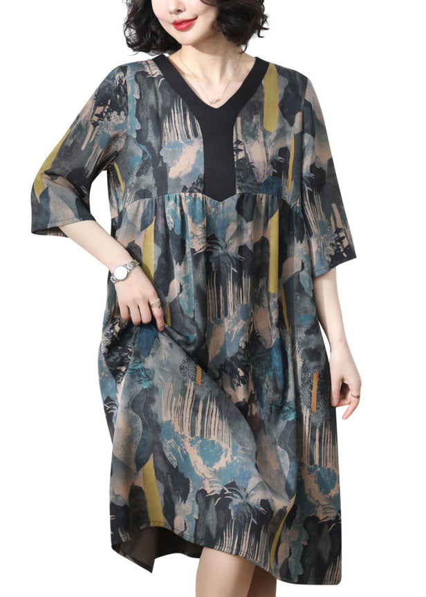 Women Blue V Neck Print Wrinkled Patchwork Silk Dress Summer TP1036