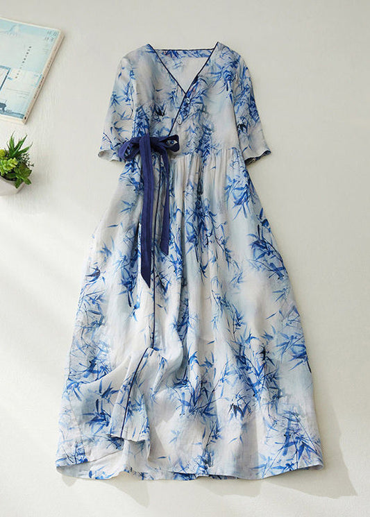 Women Blue V Neck Tie Waist Print Linen Cinched Dress Summer LY0914