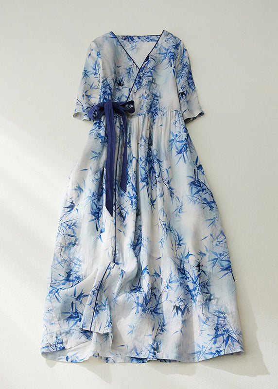 Women Blue V Neck Tie Waist Print Linen Cinched Dress Summer LY0914