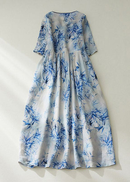 Women Blue V Neck Tie Waist Print Linen Cinched Dress Summer LY0914