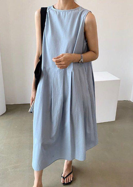 Women Blue Wrinkled Button Patchwork Wear On Both Sides Cotton Dresses Sleeveless LC0453