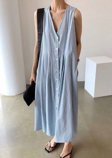 Women Blue Wrinkled Button Patchwork Wear On Both Sides Cotton Dresses Sleeveless LC0453