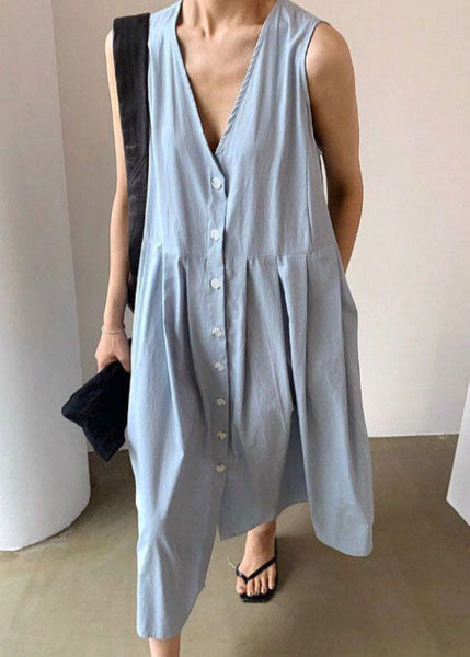 Women Blue Wrinkled Button Patchwork Wear On Both Sides Cotton Dresses Sleeveless LC0453