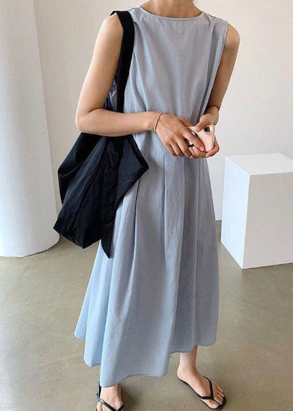 Women Blue Wrinkled Button Patchwork Wear On Both Sides Cotton Dresses Sleeveless LC0453