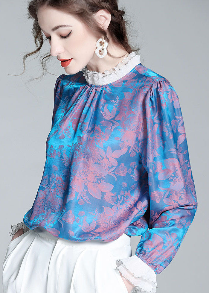 Women Blue Wrinkled Patchwork Print Silk Top Spring LY0112