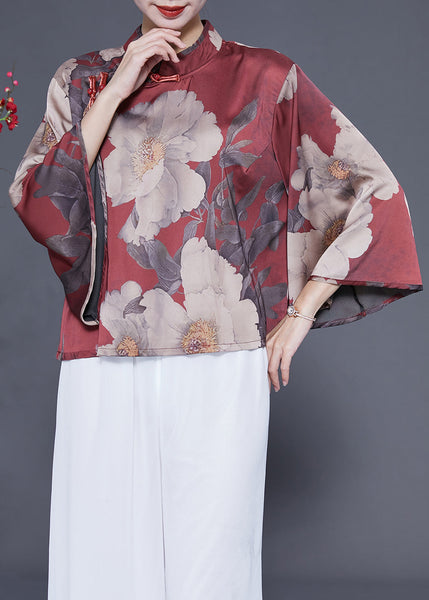 Women Brick Red Stand Collar Print Chinese Button Silk Shirt Flare Sleeve LY1855