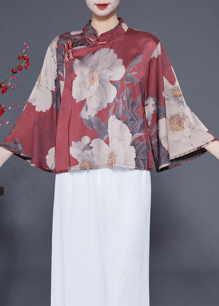 Women Brick Red Stand Collar Print Chinese Button Silk Shirt Flare Sleeve LY1855