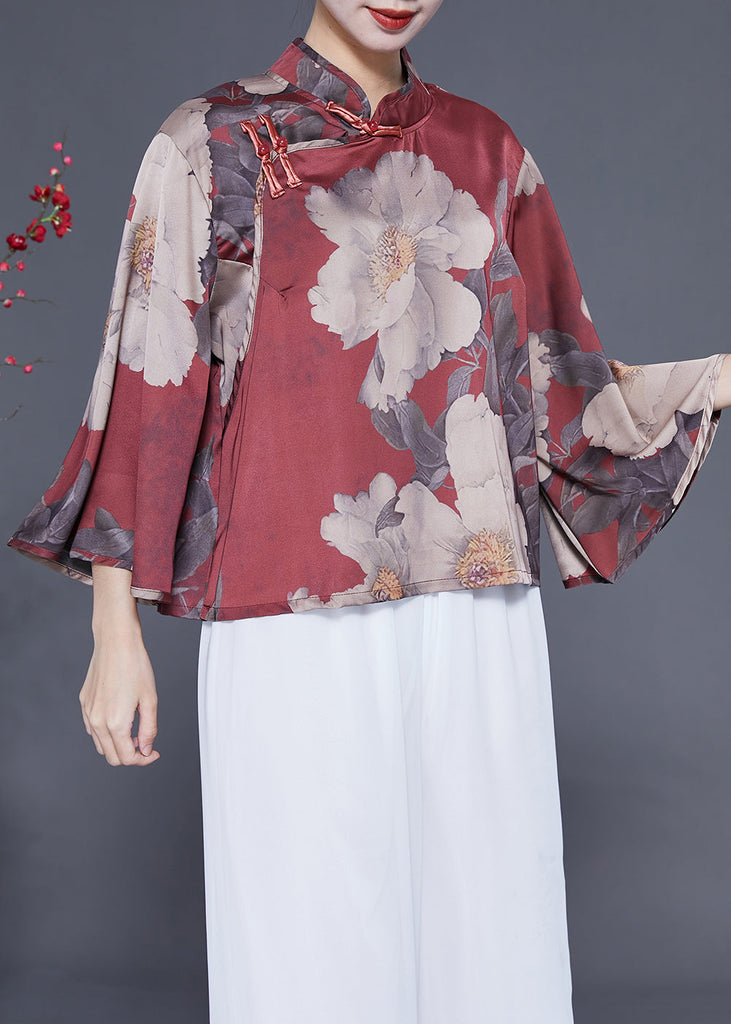 Women Brick Red Stand Collar Print Chinese Button Silk Shirt Flare Sleeve LY1855