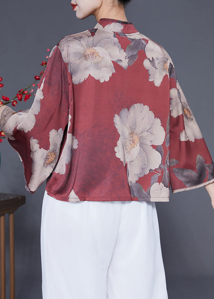 Women Brick Red Stand Collar Print Chinese Button Silk Shirt Flare Sleeve LY1855