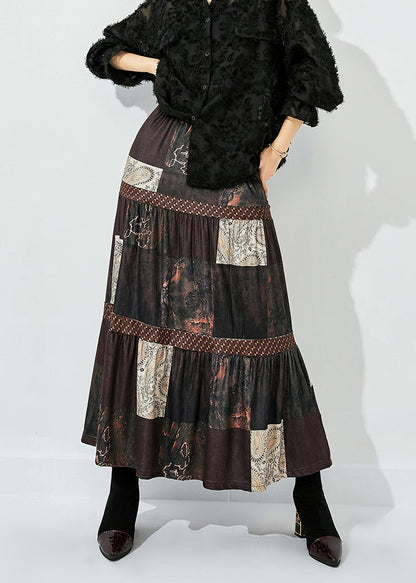 Women Brown Print Patchwork Wrinkled Silk Skirts Summer LY0855