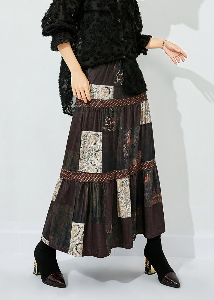 Women Brown Print Patchwork Wrinkled Silk Skirts Summer LY0855