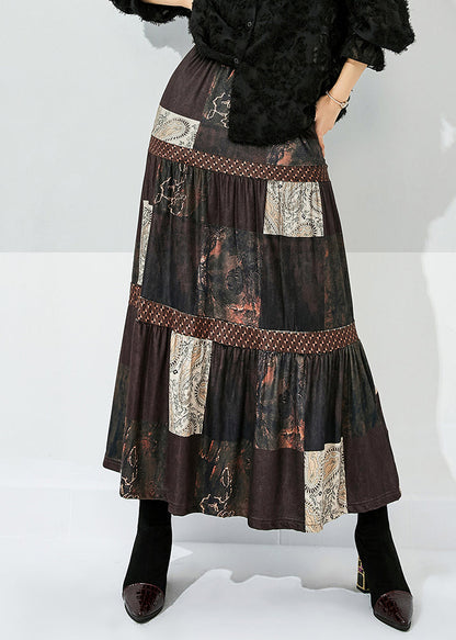 Women Brown Print Patchwork Wrinkled Silk Skirts Summer LY0855