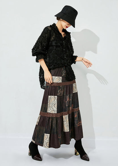 Women Brown Print Patchwork Wrinkled Silk Skirts Summer LY0855