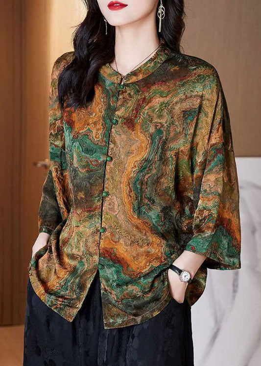 Women Brown Stand Collar Button Print Patchwork Silk Blouse Top Summer TF1060